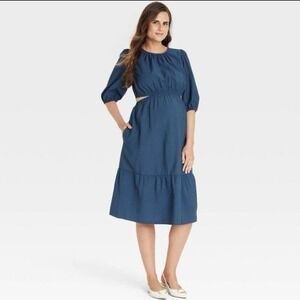 Ingrid Isabel Maternity NWT Small Cutout Waist Midi Dress Blue Short Sleeve Mom‎